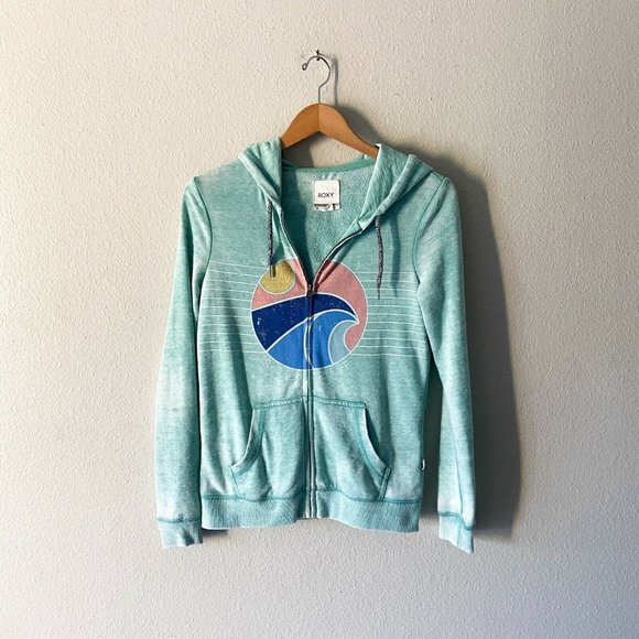 Roxy baby blue stonewashed surfer hoodie zip up size S cotton blend - Picture 1 of 6